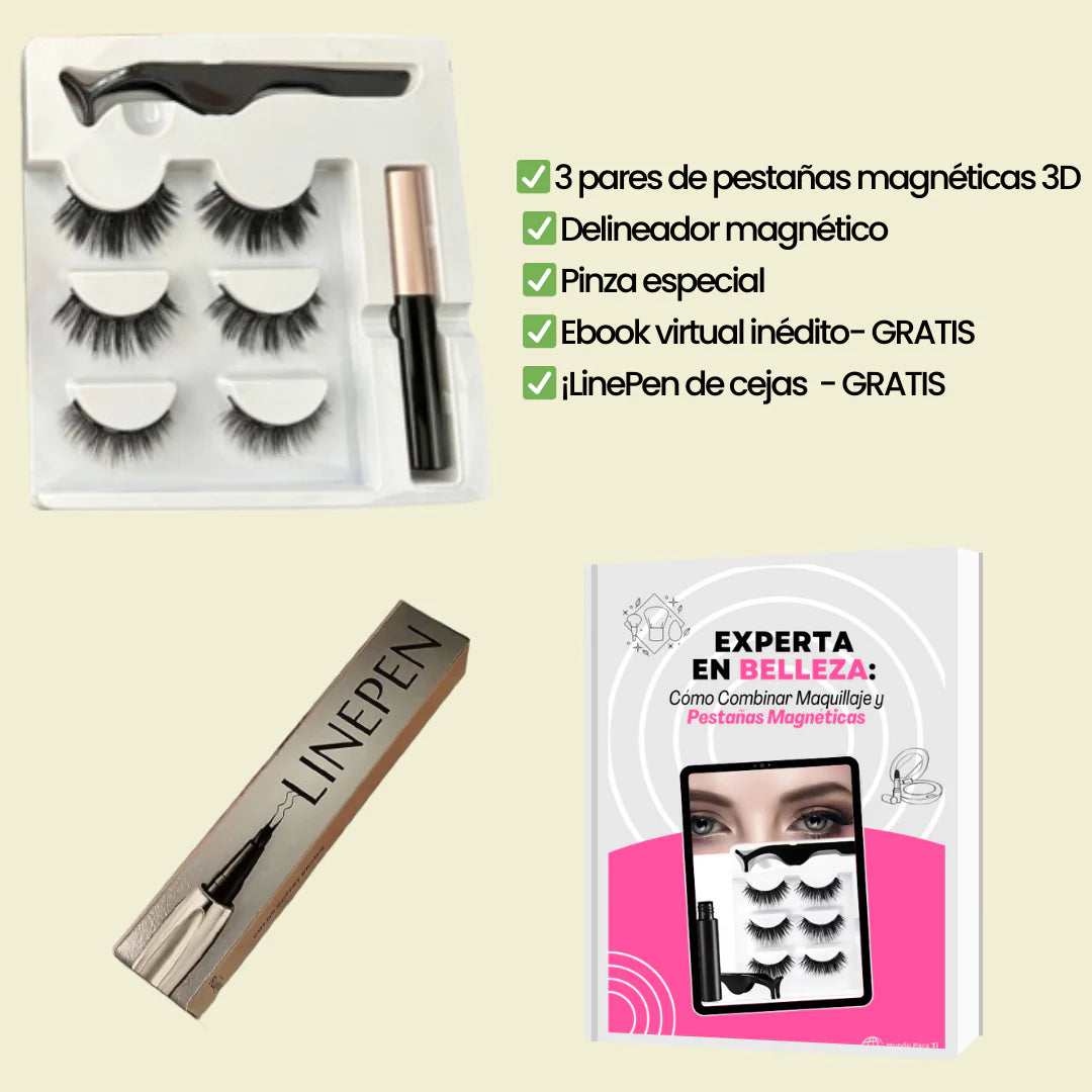 Kit de Pestañas Magnéticas 3D + Ebook de Maquillaje y LinePen GRATIS!